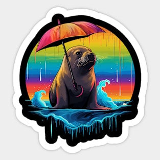 Sea Lion Rainy Day With Umbrella Sticker